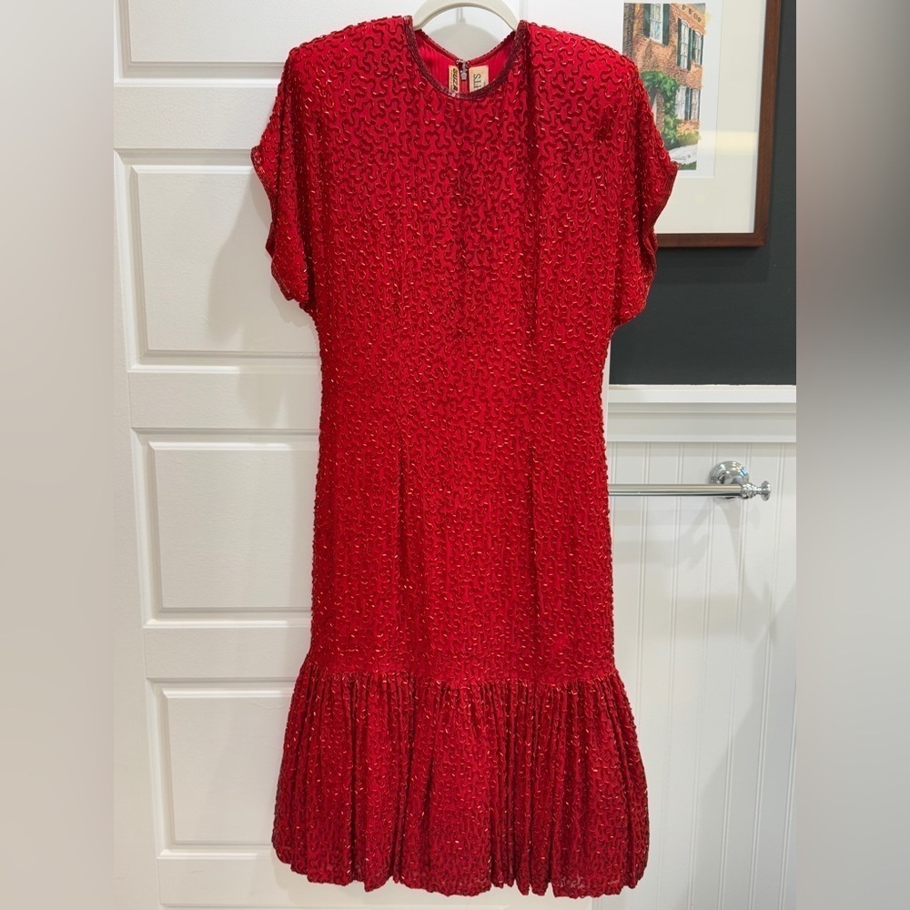 Lillie Rubin Red Silk Sequin Fit & Flare Dress Suzarilla Medium